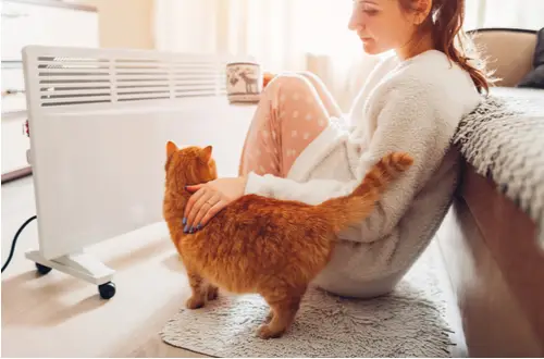 chauffagiste nantes - une femme et son chat devant un radiateur électrique
