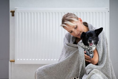 Chauffagiste Cannes - Une femme se réchauffe avec son chien devant un chauffage