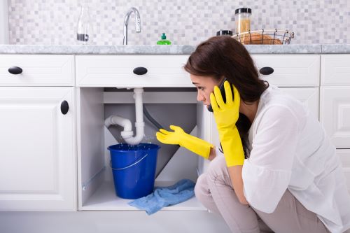 Plombier Tressin - Une femme fait face à une fuite d'eau dans sa cuisine.