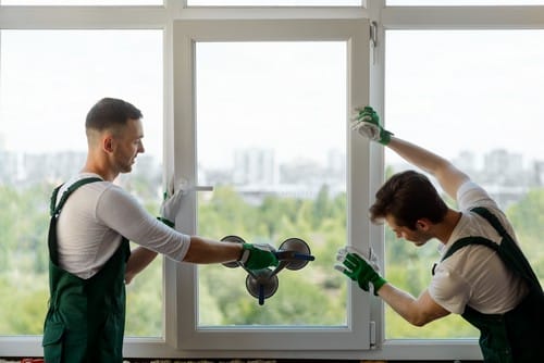 Vitrier Mulhouse - Deux vitriers installent une nouvelle vitres à l'aide d'une ventouse