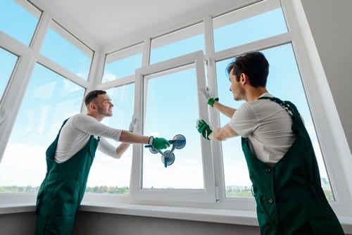 Vitrier Nancy - Deux vitrier installent une nouvelle vitre à l'aide d'une ventouse