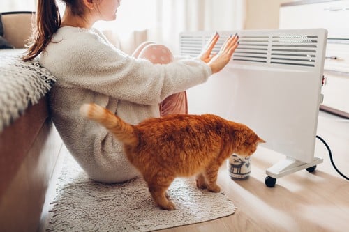 Chauffagiste Tournefeuille - Une femme et un chat face à un radiateur.