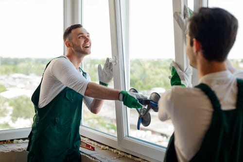 Vitrier Villejuif - Deux vitriers installent une fenêtre à l'aide d'une ventouse