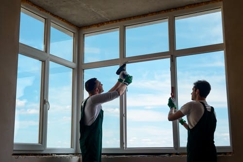 vitrier Carvin - deux artisans vitriers installent une baie vitrée.