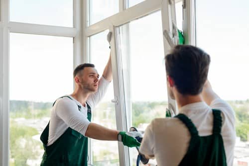 vitrier Écully - Deux vitriers installent des fenêtres dans une maison.