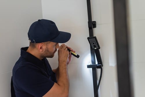 plombier Épernay - un plombier inspecte une douche.