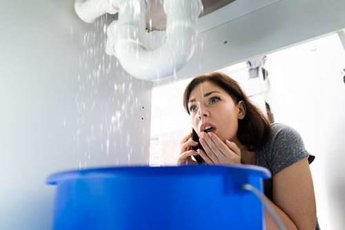 plombier Villeneuve-sur-Lot - Une femme constate une fuite d'eau sous son évier.